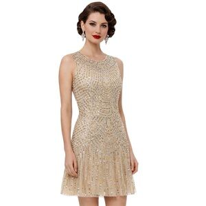 Vintage Cache Gold Beaded Sequin Art Deco Flapper Cocktail Glam Dress